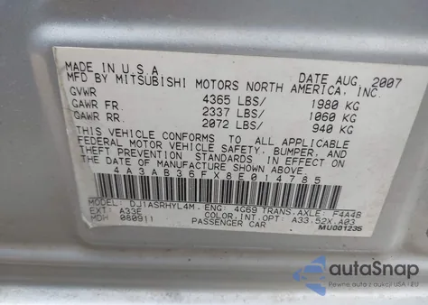 2008 Mitsubishi Galant Es z USA, uszkodzony, nr VIN 4A3AB36FX8E014785